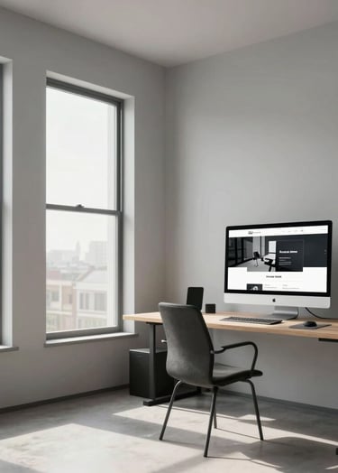 A wide-angle interior photograph of a minimalist North American / US design studio. Large windows let in bright afternoon light, illuminating a desk with a large monitor displaying a sleek white and black website layout. The room has soft light grey walls.