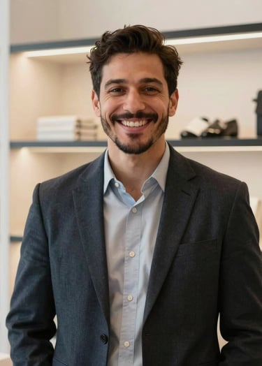 A friendly business owner smiling warmly inside a modern North American / US retail shop, wearing professional yet casual attire, with a background of soft off-white shelves and jet black accents.