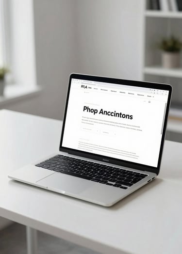 A high-end laptop sitting on a minimalist white desk in a bright North American / US professional office, screen showing a clean website with deep black typography and soft white backgrounds, cinematic lighting.