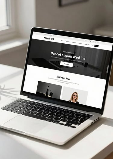 A high-end laptop open on a clean white desk in a sunlit North American / US home office, displaying a minimalist website design with black and white accents.