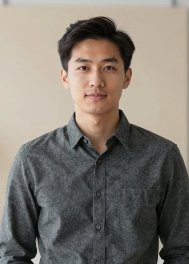 A minimalist and sophisticated portrait of a creative professional in a Charcoal shirt, standing in a bright, modern studio with Soft Sand walls and subtle Teal Blue accents in the background.