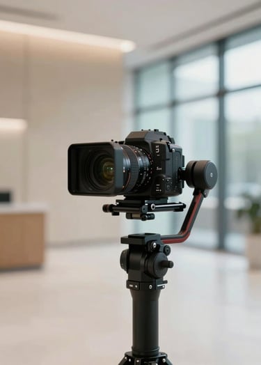 A cinematic shot of a professional 4K camera on a stabilizer rig inside a bright, minimalist corporate lobby. The scene features soft sand-colored walls and large glass windows with subtle teal blue reflections. Professional craftsmanship style.
