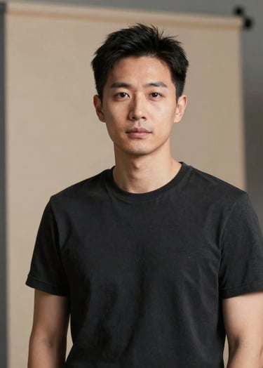 A professional portrait of a filmmaker in a modern studio. The lighting is soft, emphasizing a sense of confidence and craftsmanship. The background features charcoal accents and a soft sand wall.