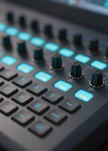 A close-up of a professional video editing console with backlit charcoal buttons and teal blue indicators. The composition is tight and modern, showcasing professional craftsmanship and sophisticated technology in soft lighting.