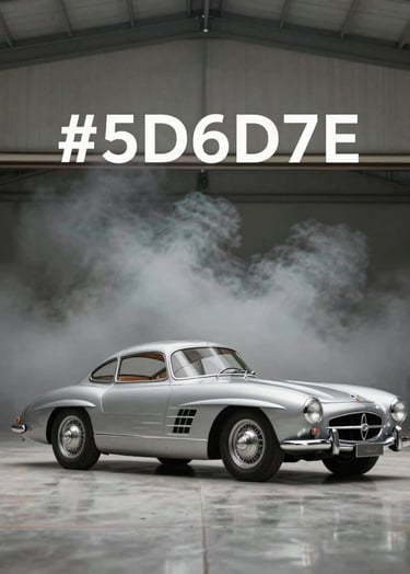 Wide shot of a vintage aircraft hangar with a silver 300SL in the center. Atmospheric #5D6D7E smoke in the background. Premium and exclusive atmosphere.