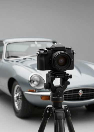 A photographer's medium format camera set up on a tripod, subtly framing a vintage Jaguar E-Type in the background. Reflects precision and a premium atmosphere. Incorporates #1C2833 and #B2BEB5 tones.