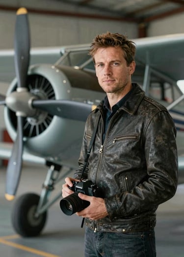 A portrait of photographer Elias Vance standing in a hangar next to a vintage propeller plane. He is wearing a dark leather jacket, holding a professional camera. The background is slightly blurred with #5D6D7E and #F8F8F8 tones.