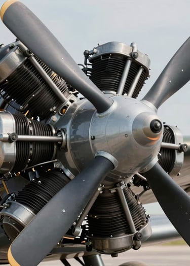 A detailed shot of a vintage aircraft radial engine, showing the intricate mechanical components and oil-rubbed textures. Lighting is directional to emphasize the depth of the metal. Palette includes #B2BEB5 and #1C2833. Premium, industrial artistry.