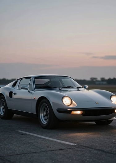 A sleek vintage sports car parked on an empty tarmac at dusk, its headlights glowing softly. The website conveys a sophisticated and timeless aesthetic, reflecting precision and artistry. Incorporates #1C2833 and #F8F8F8 tones.