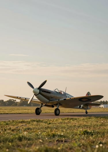 A wide angle shot of a classic Spitfire aircraft parked on a grass runway during the golden hour. The sky has soft #5D6D7E hues. The composition is elegant and evokes a sense of timeless heritage. High-end editorial style.