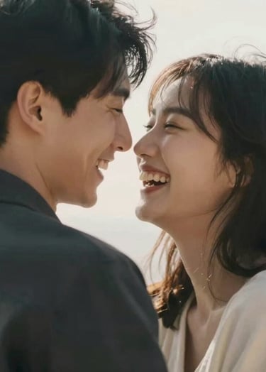 An intimate, close-up shot of a couple laughing, with sunlight filtering through their hair. Minimalist aesthetic, focusing on the emotion and warmth. Colors include soft cream (#F8F4F0) and deep charcoal (#2C2B29).