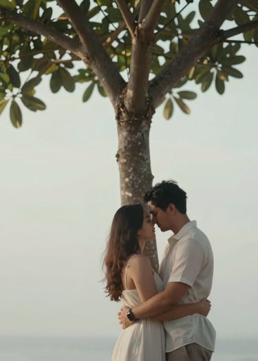 Vertical fine art portrait of a couple embracing under a lone tree in Bali, soft lighting, elegant and minimalist composition, evokes feelings of warmth and intimacy, using the #F8F4F0 and #8F6E5F palette.
