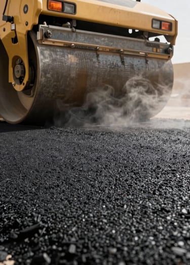 Low-angle close-up of freshly laid textured black asphalt with steam rising, heavy roller compactor wheel visible in the background, industrial construction site, Riyadh, 35mm