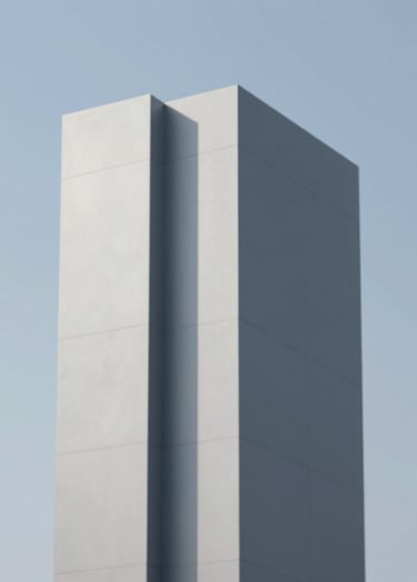 A minimalist architectural detail of a modern skyscraper, featuring clean lines and sharp angles. The composition is stark against a clear sky. Lighting is bright and direct, casting deep shadows. Colors are dominated by #D0D5DB and #2F363F.