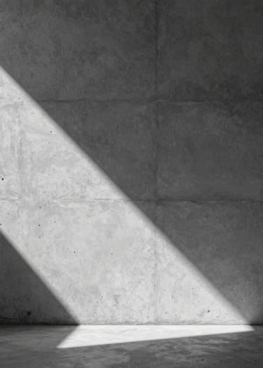 A striking minimalist monochrome photo of a single, sharp shadow falling across a textured concrete wall. The composition is clean and elegant, utilizing #0A0A0C and #F5F7FA to create high contrast in a professional gallery style.