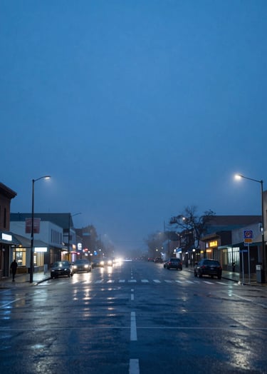 A wide-angle street photography shot of a busy intersection at twilight. The sky is a deep steel blue, and the wet pavement reflects pale fog and muted blue lights from storefronts. Minimalistic composition in a Western city setting.