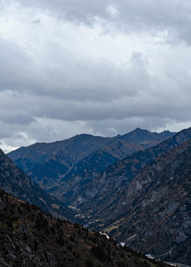A vertical landscape photograph of an Alpine valley just before a storm. The mountains are deep charcoal blue against a turbulent, light grey sky. The composition is spacious and highlights the grandeur of the Western landscape.