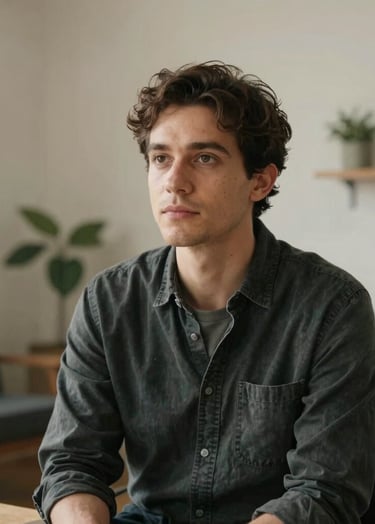 A professional portrait of a creator in a North American creative studio. The subject is looking thoughtfully off-camera, surrounded by a warm, cozy atmosphere with off-white walls and charcoal furniture.
