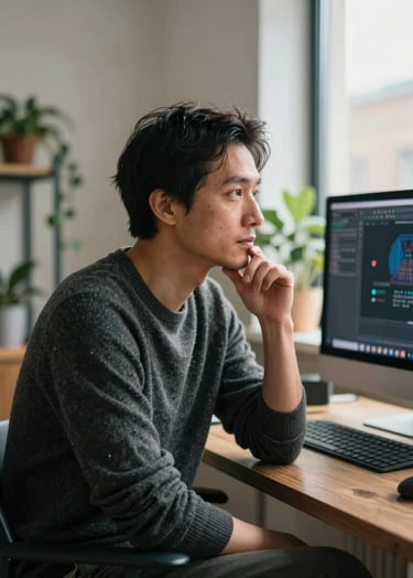 A warm, candid portrait of a filmmaker in his 30s, dressed in a charcoal sweater, looking thoughtfully at a screen in a modern workspace. The setting is a cozy North American / US loft with soft morning light and indoor plants.