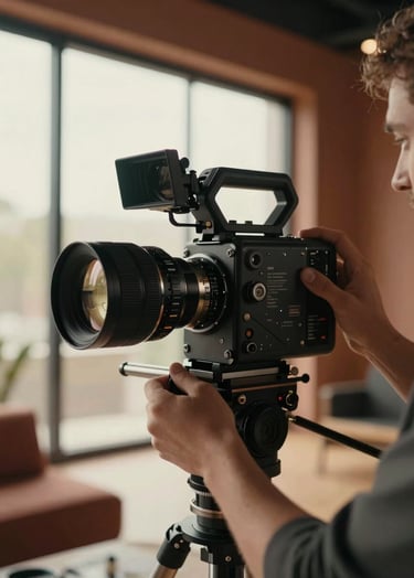 A cinematic, portrait-oriented photography of a professional filmmaker's hands adjusting the focus ring on a vintage cinema lens. The lighting is warm and golden, coming from a large window in a modern North American studio. Muted terracotta and deep charcoal tones are visible in the background.