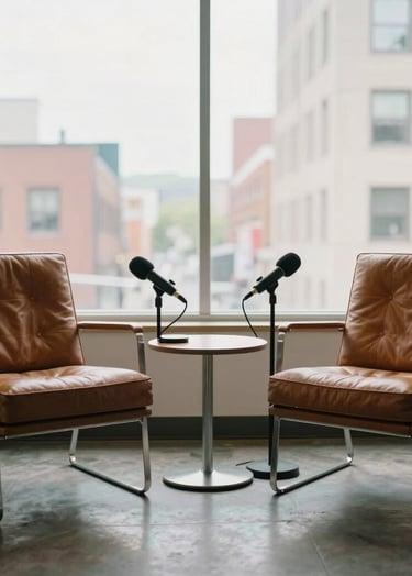 An aesthetic shot of two leather chairs facing each other in a bright, modern room with large windows. A small table between them holds two microphones, suggesting a thoughtful conversation in a North American urban space.