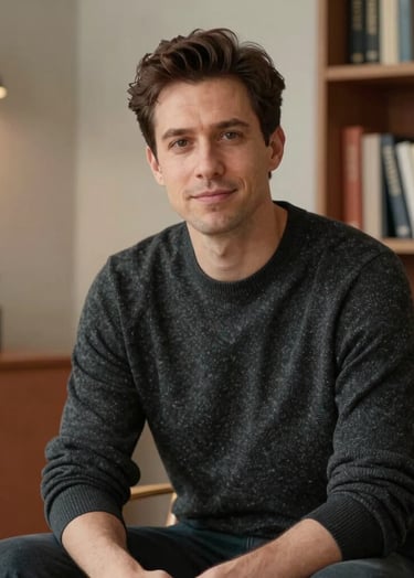 A professional portrait of a man in his 30s in a cozy, modern North American studio. He is wearing a dark charcoal sweater, sitting next to a bookshelf with warm lighting and terracotta accents. The mood is approachable and professional.