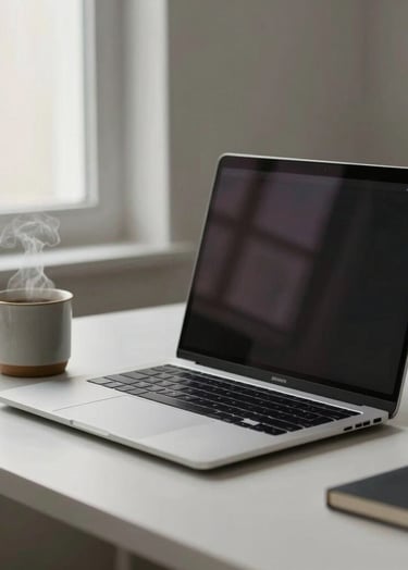 A side view of a minimalist home office setup with a high-end laptop and a steaming ceramic mug of coffee. The window light is soft and inviting, reflecting a curated, modern North American lifestyle.