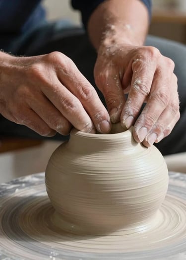 A close-up shot of hands working on a sculptural clay piece in a sunny North American studio. The clay has a rich cream texture, and the lighting creates soft, elegant shadows that emphasize the educational and artistic process.