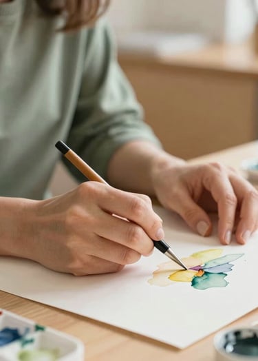 A high-resolution, warm-toned photograph of an art teacher's hands demonstrating watercolor techniques on a paper. The scene is set in a bright North American classroom with natural light and hints of sage green and tan in the background decor.