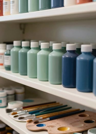 A clean, well-organized art supply shelf in a North American school, featuring palettes, paintbrushes, and bottles of paint in soft sage green and midnight blue tones.