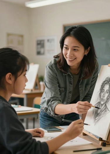 A professional portrait of an art teacher and a student discussing a charcoal drawing in a North American / US high school art room. The teacher is smiling, offering encouragement. The composition is balanced with soft natural light hitting the artistic workspace.