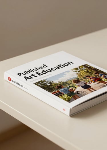 A clean, professional photography shot of a published art education book on a cream-colored desk, soft tan background, professional lighting, reflecting an academic and sophisticated North American style.