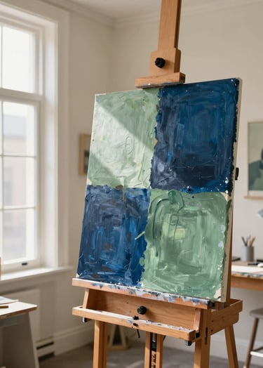 A bright North American art studio with soft cream walls. A large, partially finished abstract painting on a wooden easel features midnight blue and sage green tones. Natural sunlight streams in through a large window, creating an inspiring and professional educational atmosphere.