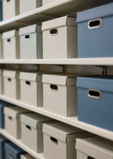 An orderly archive or library shelf with minimalist document boxes in #AEC5BE and #5B7B71, representing editorial excellence and deep research-driven methodology.