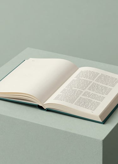 Minimalist editorial photograph of an open art book on a pale green stone plinth. The composition is clean and understated, emphasizing refined typography and intellectual content. Palette includes sage, cream, and deep teal.