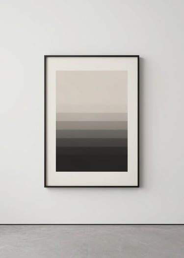 A minimalist gallery space featuring a clean white wall #F1F4F2 with a single, perfectly hung work of art. The lighting is soft and architectural, using tones of #AEC5BE and deep shadows #293B37.