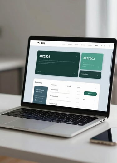 A sophisticated workspace setup featuring a high-end laptop on a clean desk. The screen displays a minimalist dashboard with soft blue-grey and dark green interface elements (#1C2826, #A7C5C3). The lighting is soft and natural, emphasizing a professional and calm atmosphere.