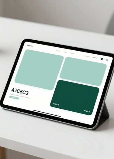 A minimalist and sophisticated brand identity overview. The composition features a clean white desk with a high-resolution tablet showing a sleek, modern UI. The color palette includes soft teals (#A7C5C3) and deep greens (#1C2826). The lighting is bright and natural, creating a professional and calm atmosphere.