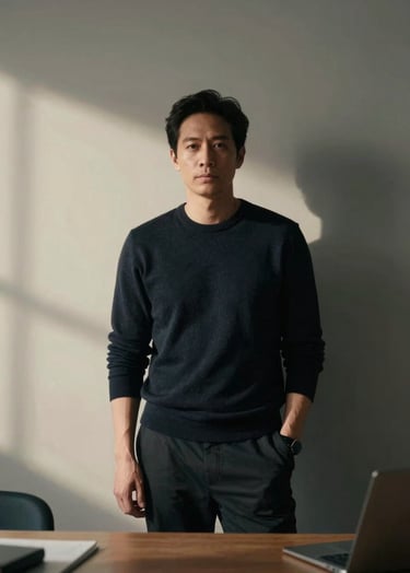 A cinematic portrait of a creative lead in a modern North American / US workspace. The subject is wearing dark attire, standing against a neutral pearl wall with soft charcoal black shadows and sharp lighting.