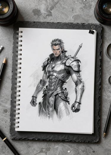 Cinematic photography of a character design sketch pinned to a charcoal slate board in a North American / US creative workspace, surrounded by silver mist design tools.