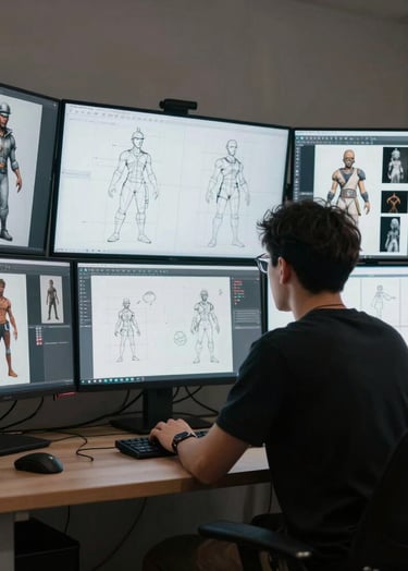 A professional digital artist working in a North American / US studio, surrounded by multiple screens displaying character wireframes and reference sheets. The room is filled with moody midnight and bright off-white lighting.