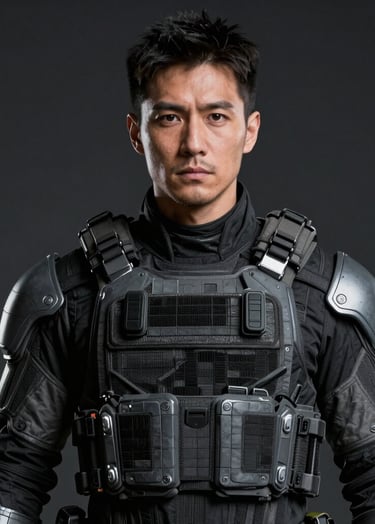 A high-fidelity cinematic portrait of a character in futuristic tactical gear, featuring dark slate gray textures and soft silver metallic accents. The lighting is dramatic and moody, set against a charcoal black background, featuring a professional model in a North American / US studio setting.