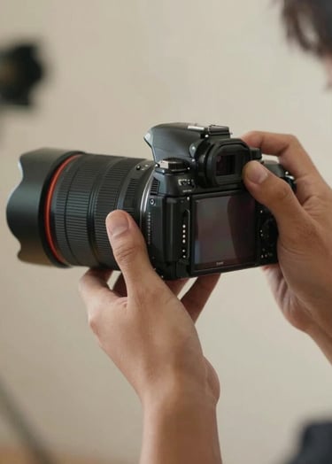 Hands of a photographer adjusting a vintage lens, warm soft lighting, shadows in #4C4A48, professional yet intimate atmosphere of a fine art studio session.