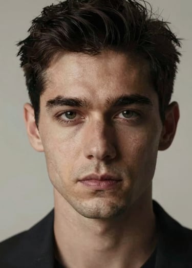Portrait of a man with dramatic lighting, focusing on his expressive eyes and facial features, sophisticated chiaroscuro technique, palette of #1F1E1C and warm #F5F2EF highlights.