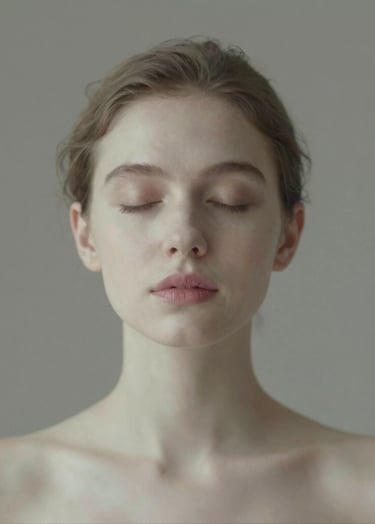 A portrait of a woman with her eyes closed, bathed in a soft glow of #F5F2EF. The background is a muted #4C4A48, creating a timeless, elegant, and emotive fine art look.