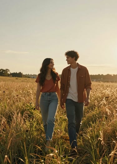 A cinematic, wide-angle photograph of a young North American / US couple walking through a sun-drenched meadow during the golden hour. The lighting is warm and hazy, highlighting the golden tones of the grass and the terracotta accents in their casual clothing.
