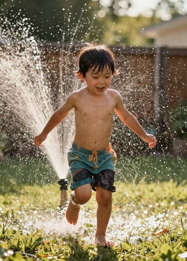 A portrait of a child running through a North American / US backyard sprinkler. The water droplets are captured in a cinematic freeze-frame, backlit by the warm afternoon sun. Vibrant yet natural colors.