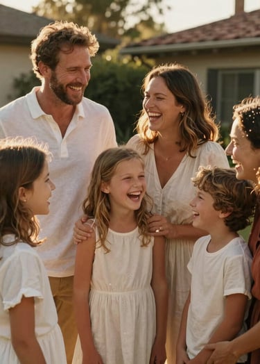 A cinematic lifestyle photograph of a family laughing together in a sun-drenched North American / US backyard. The scene is filled with warm golden hour light, with soft white and terracotta clothing accents. High-end photography with a focus on genuine human emotion.