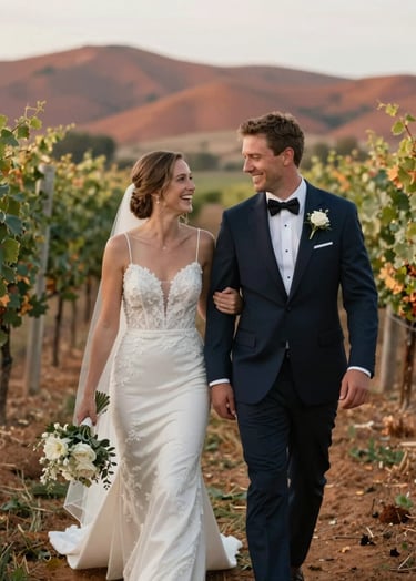 A medium shot of a bride and groom walking through a North American / US vineyard. They are looking at each other and laughing naturally. The palette features soft white and deep terracotta earth tones.