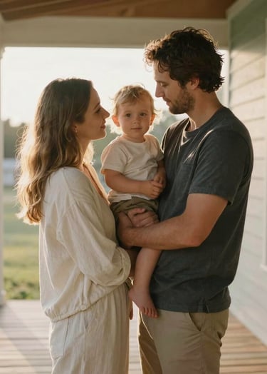 A cinematic, intimate portrait of a couple holding their toddler on the wooden porch of a North American / US home. Warm, sun-drenched lighting with soft lens flares, featuring charcoal and off-white textures in their casual clothing.